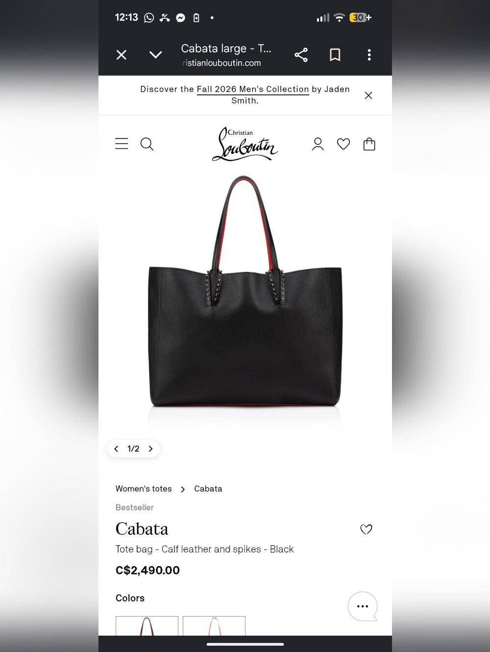 Louboutin Cabata Black Tote Bag with Red Interior and Stud Details